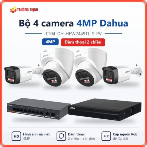 Trọn bộ 4 camera IP 4MP Dahua đàm thoại 2 chiều TT04-DH-HFW2449TL-S-PV