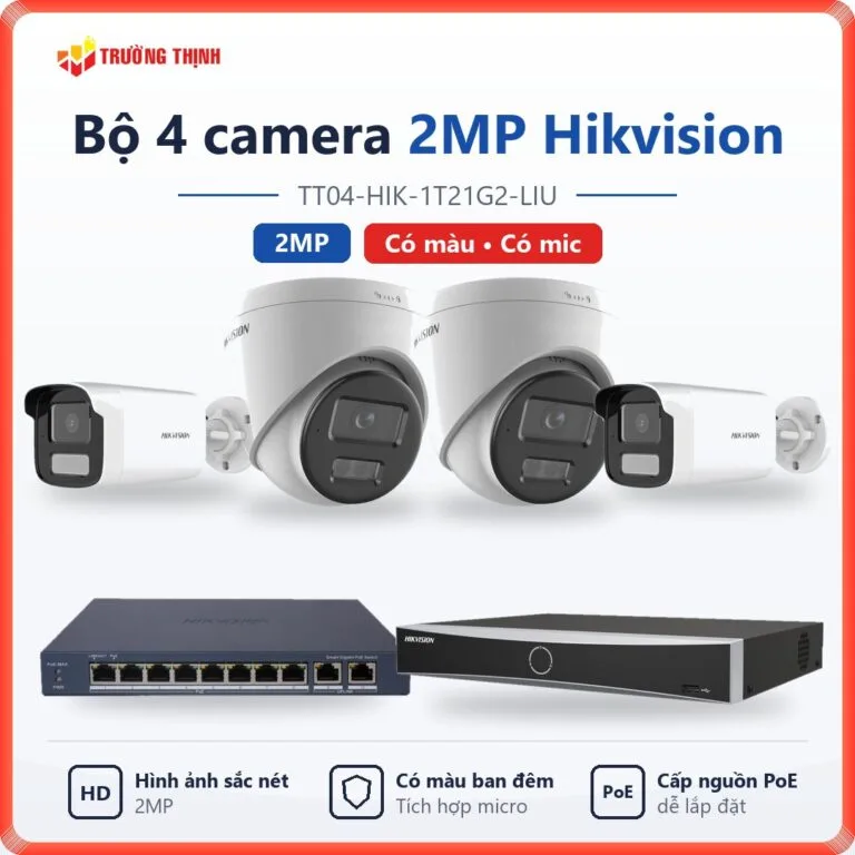 Trọn bộ 4 camera IP 2MP Hikvision có màu ban đêm, có mic TT04-HIK-1T21G2-LIU