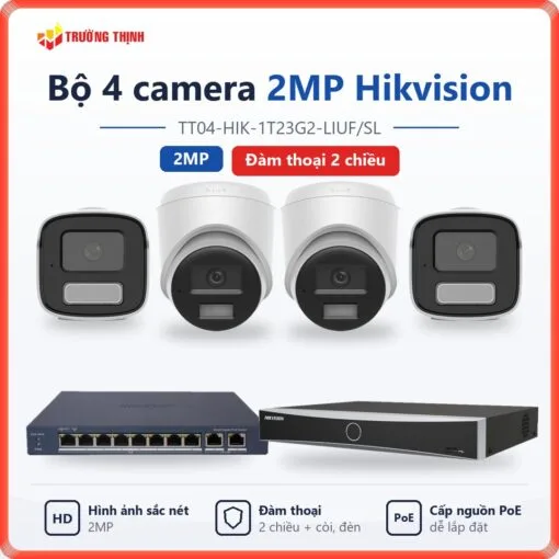 Trọn bộ 4 camera IP 2MP Hikvision đàm thoại 2 chiều TT04-HIK-1T23G2-LIUF/SL