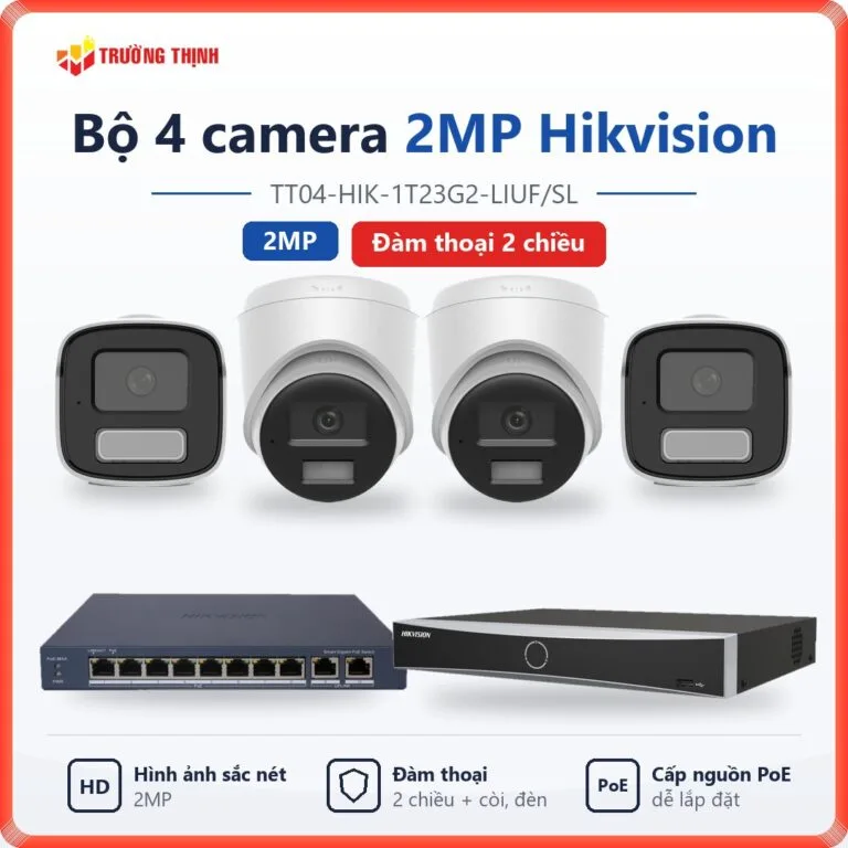 Trọn bộ 4 camera IP 2MP Hikvision đàm thoại 2 chiều TT04-HIK-1T23G2-LIUF/SL