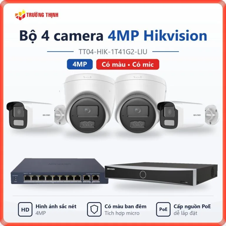 Trọn bộ 4 camera IP 4MP Hikvision có màu ban đêm, có mic TT04-HIK-1T41G2-LIU