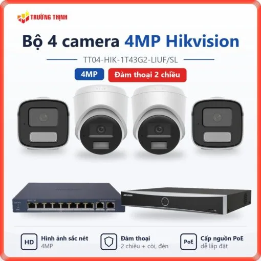 Trọn bộ 4 camera IP 4MP Hikvision đàm thoại 2 chiều TT04-HIK-1T43G2-LIUF/SL