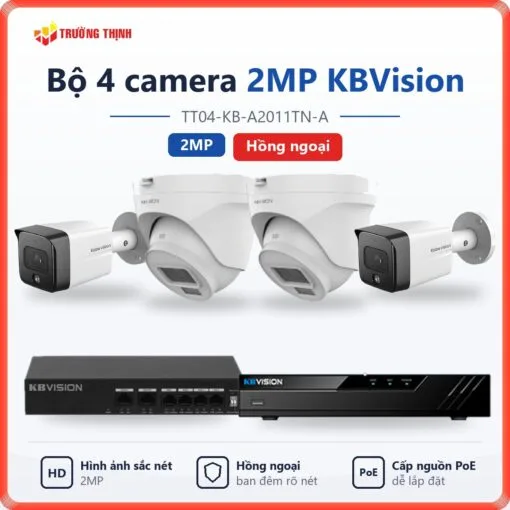 Trọn bộ 4 camera IP 2MP KBVision hồng ngoại TT04-KB-A2011TN-A