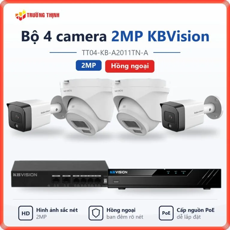 Trọn bộ 4 camera IP 2MP KBVision hồng ngoại TT04-KB-A2011TN-A