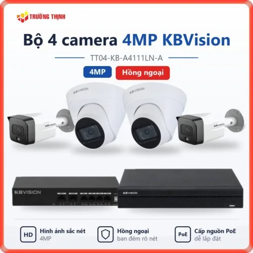 Trọn bộ 4 camera IP 4MP KBVision hồng ngoại TT04-KB-A4111LN-A