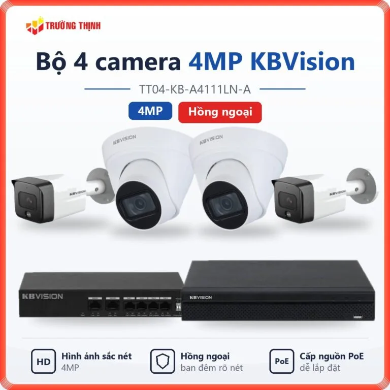 Trọn bộ 4 camera IP 4MP KBVision hồng ngoại TT04-KB-A4111LN-A