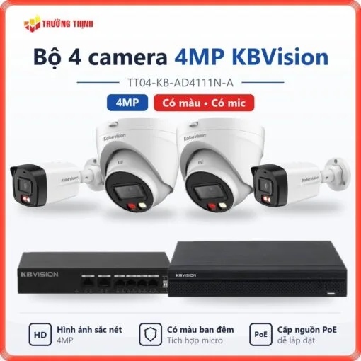 Trọn bộ 4 camera IP 4MP KBVision có màu ban đêm, có mic TT04-KB-AD4111N-A