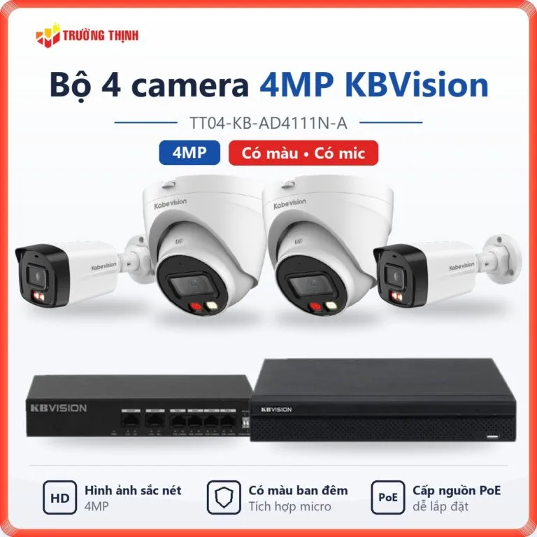 Trọn bộ 4 camera IP 4MP KBVision có màu ban đêm, có mic TT04-KB-AD4111N-A
