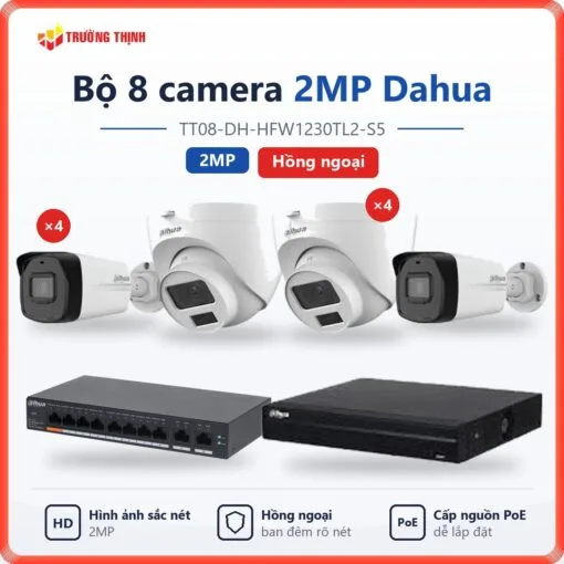 Trọn bộ 8 camera IP 2MP Dahua hồng ngoại TT08-DH-HFW1230TL2-S5