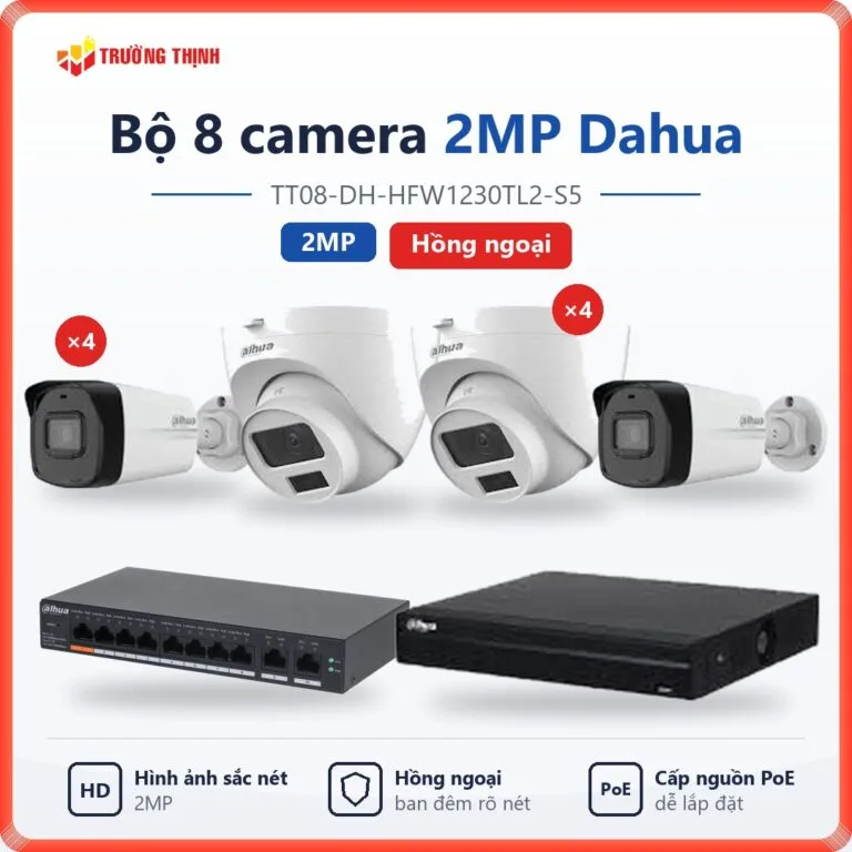 Trọn bộ 8 camera IP 2MP Dahua hồng ngoại TT08-DH-HFW1230TL2-S5