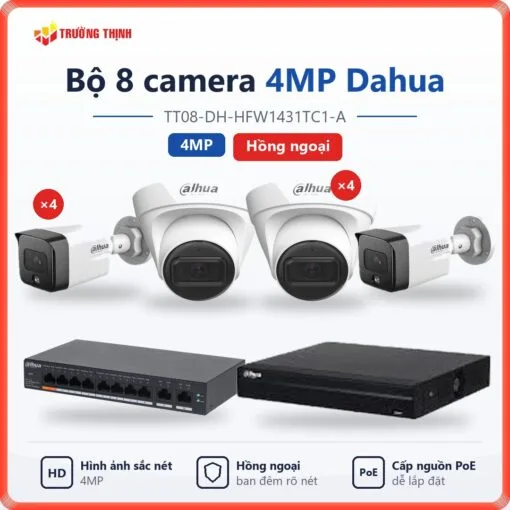 Trọn bộ 8 camera IP 4MP Dahua hồng ngoại TT08-DH-HFW1431TC1-A