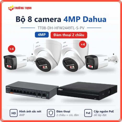 Trọn bộ 8 camera IP 4MP Dahua đàm thoại 2 chiều TT08-DH-HFW2449TL-S-PV