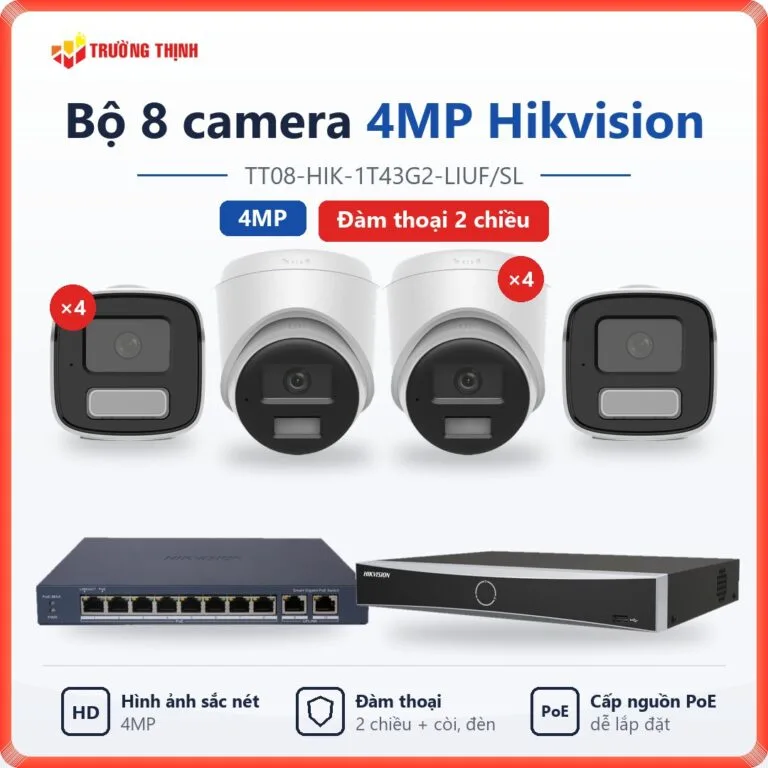 Trọn bộ 8 camera IP 4MP Hikvision đàm thoại 2 chiều TT08-HIK-1T43G2-LIUF/SL