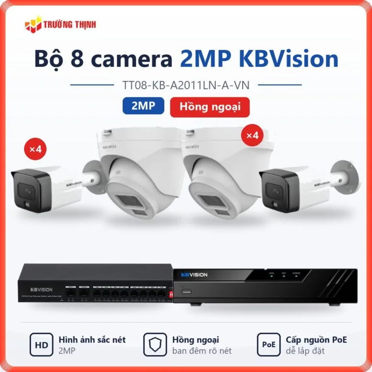 Trọn bộ 8 camera IP 2MP KBVision hồng ngoại TT08-KB-A2011LN-A-VN