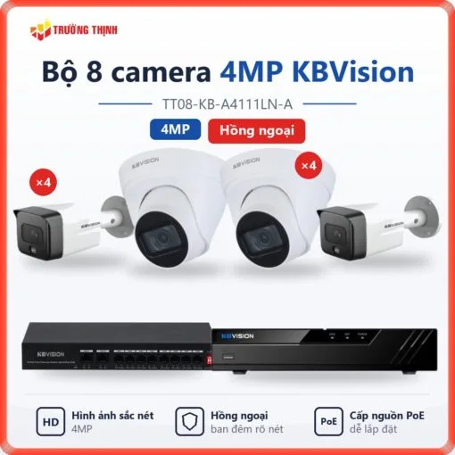 Trọn bộ 8 camera IP 4MP KBVision hồng ngoại TT08-KB-A4111LN-A