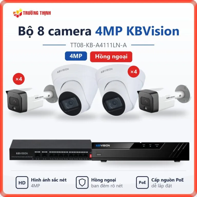 Trọn bộ 8 camera IP 4MP KBVision hồng ngoại TT08-KB-A4111LN-A