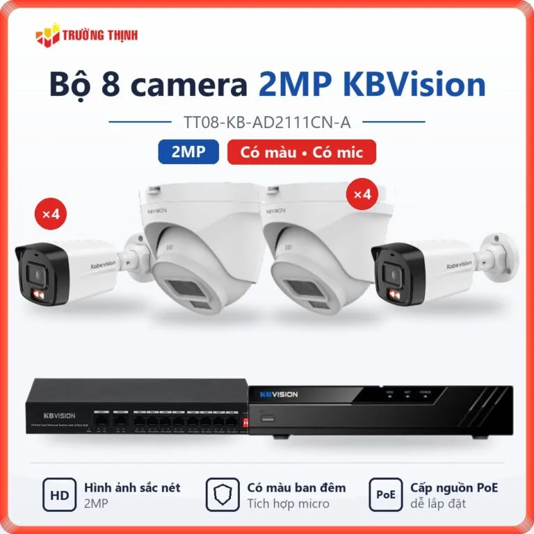 Trọn bộ 8 camera IP 2MP KBVision có màu ban đêm, có mic TT08-KB-AD2111CN-A