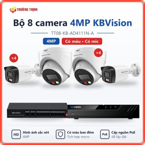 Trọn bộ 8 camera IP 4MP KBVision có màu ban đêm, có mic TT08-KB-AD4111N-A