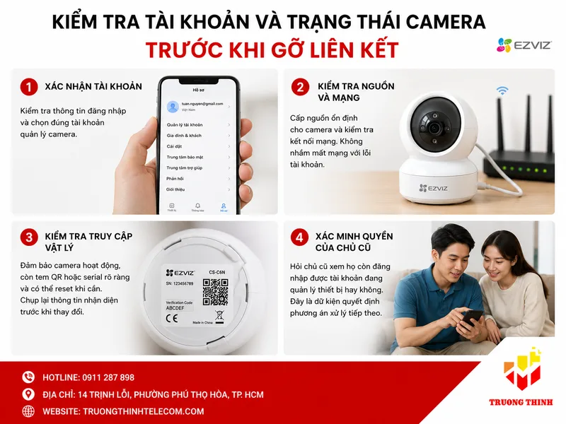 Kiểm tra tài khoản và trạng thái camera trước khi gỡ liên kết