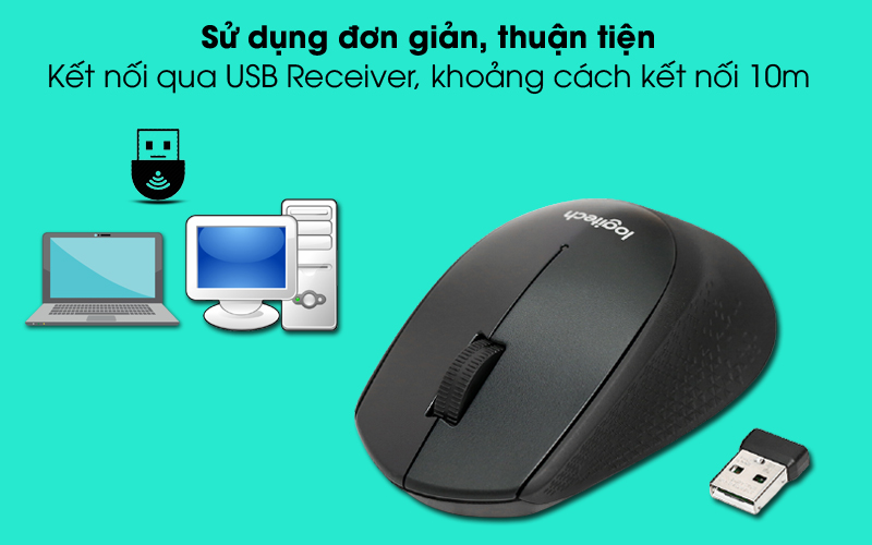 Kết nối qua USB receiver - Chuột Không Dây Silent Logitech M331