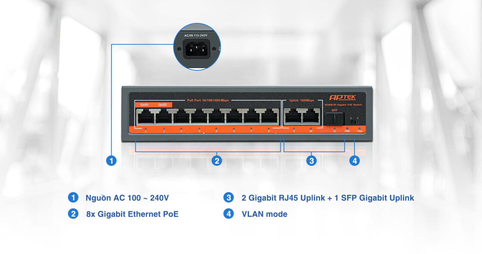 Switch 8 cổng Gigabit PoE 10/100/1000 Mbps APTEK SG1083P